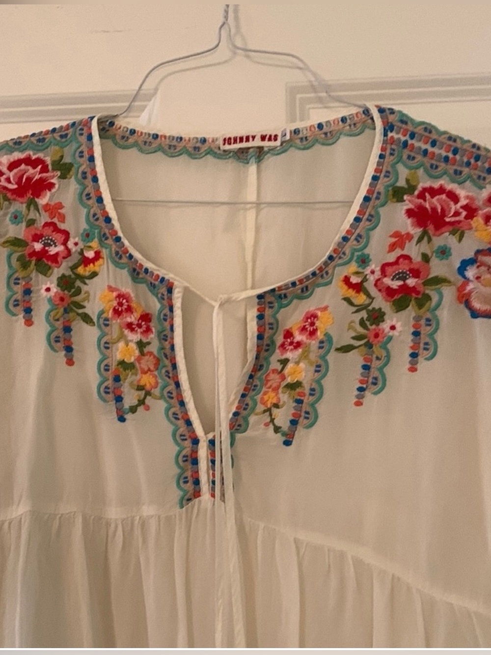 Johnny Was White Peasant Blouse with Multicolor Floral Embroidery